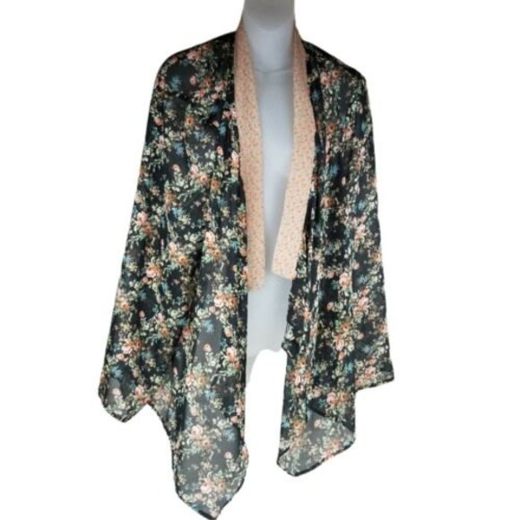 Loop18 Sheer Open Front Kimono Cardigan Top Womens Sz 21/23 Boho Black Floral - Picture 10 of 12